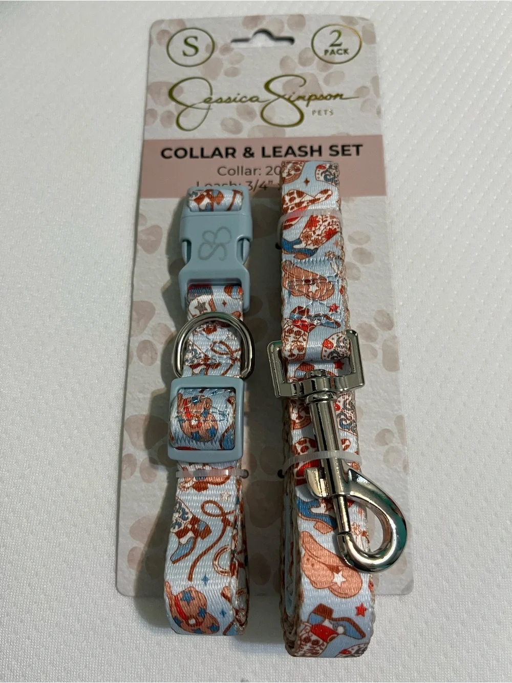 Dog Light Blue Cowboy Print Collar & Leash Set NWT